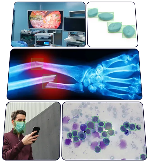 Collage showing medical scenes including a surgical monitor displaying an operation, blue prescription pills, an X-ray of a broken forearm with highlighted fracture, a man wearing a mask using a smartphone, and a microscopic view of cells.