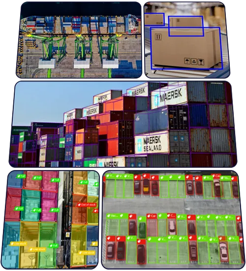 Collage of logistics-related images including aerial view of cranes loading containers at a port, close-up of cardboard boxes with blue rectangles highlighting them, stacked shipping containers labeled Maersk, and aerial views of parking lots and storage areas with colored labels showing availability and stock status.