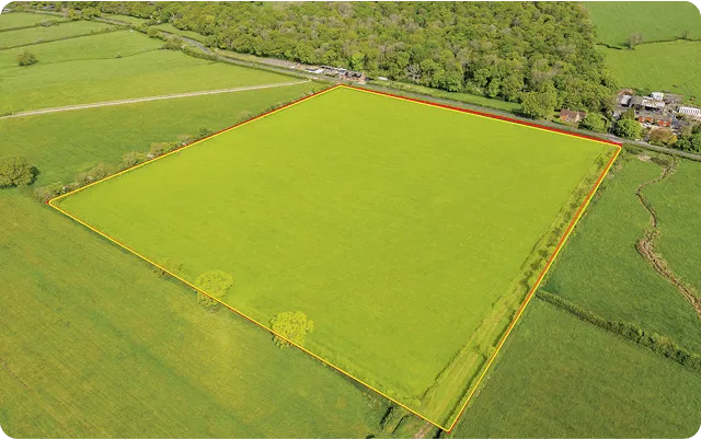 Aerial view of a large rectangular green field outlined with a yellow and red border, surrounded by trees and adjacent farmland.