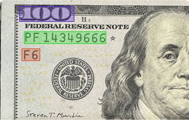 Close-up of the top left corner of a US 100 dollar bill showing the number 100 in purple, serial number PF14349666 in green, Federal Reserve seal, and district letter F6 in orange.