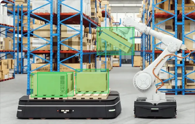 Robotic systems identifying and localizing objects in a warehouse.