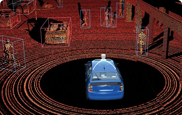 3D point cloud visualization showing a blue car in the center surrounded by detected pedestrians highlighted with bounding boxes.