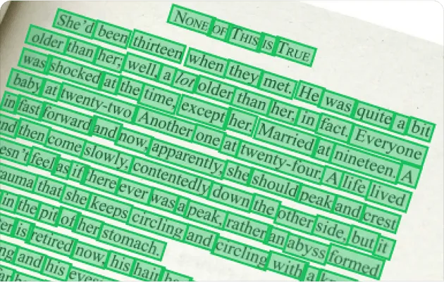Close-up of a book page with green highlighted text in angled lines.
