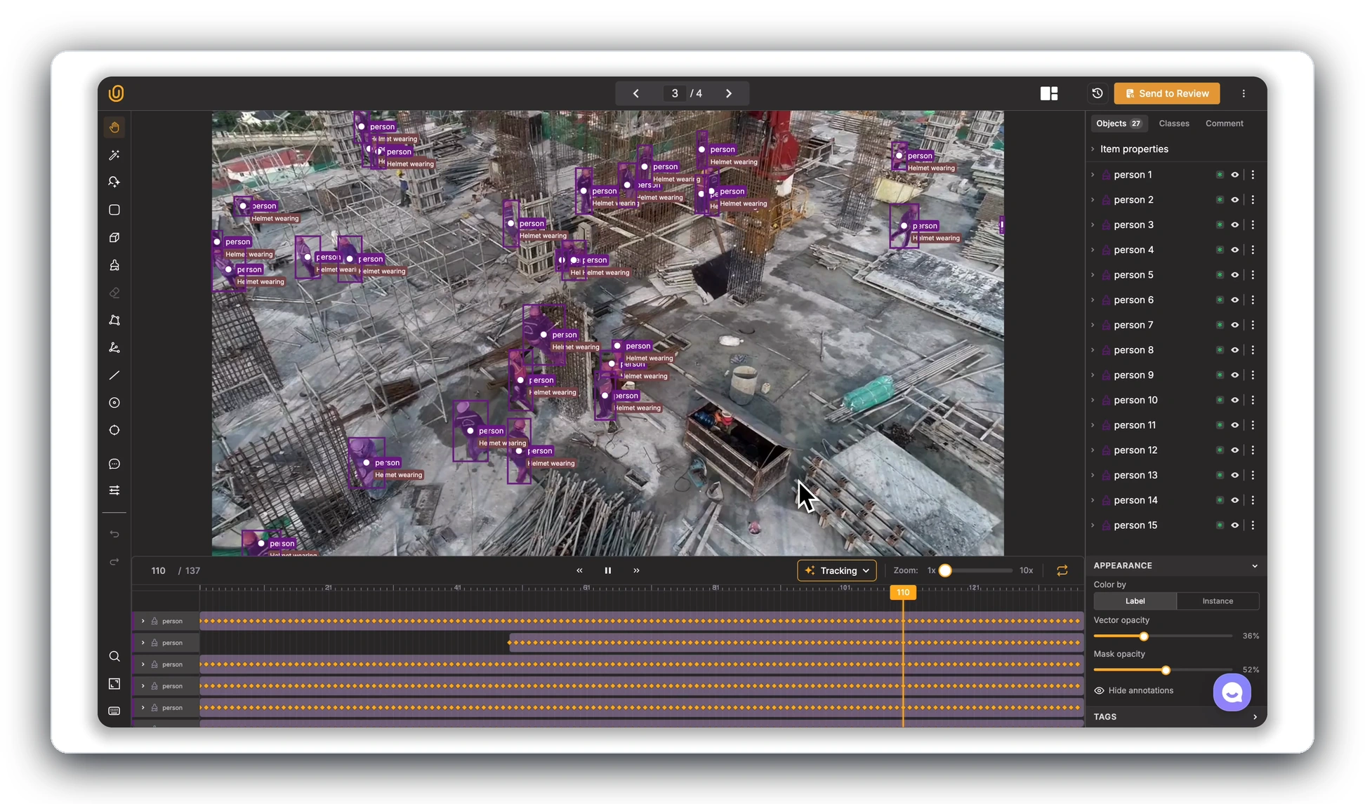Unitlab video annotation workbench with 27 tracked people, labels, attributes, and populated timeline