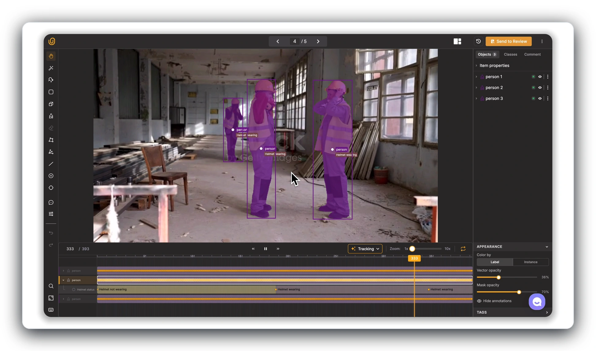 Unitlab video annotation workbench with tracked workers, safety attributes, segmentation, and populated timeline