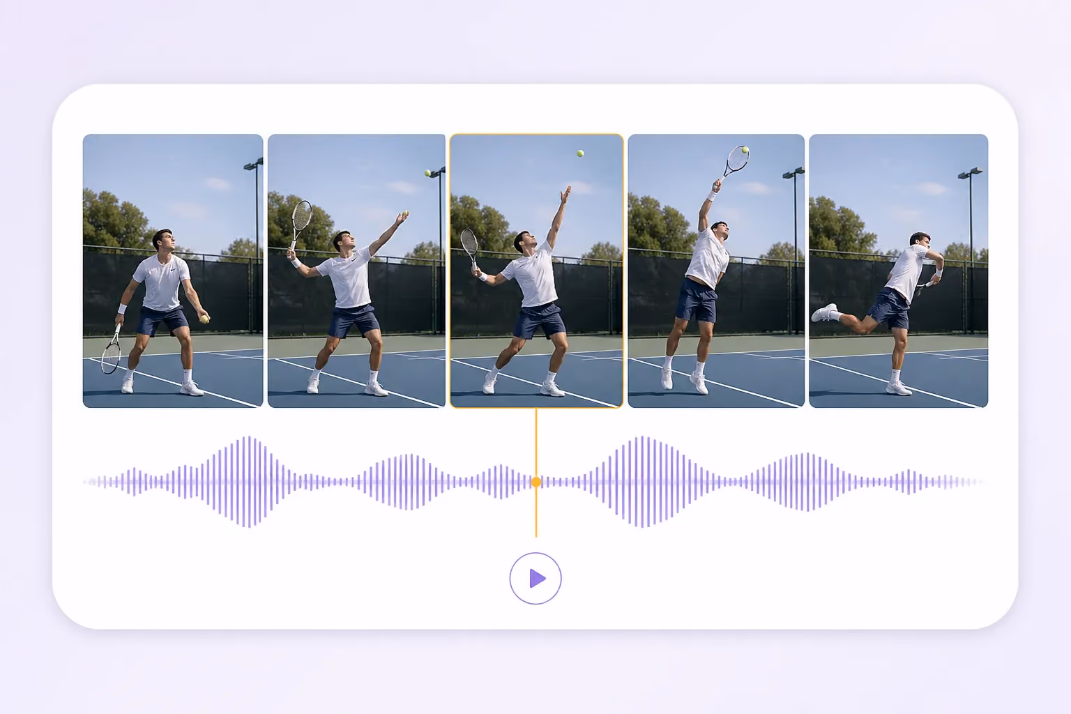 A tennis serve shown as a smooth sequence of five synchronized frames and an audio waveform