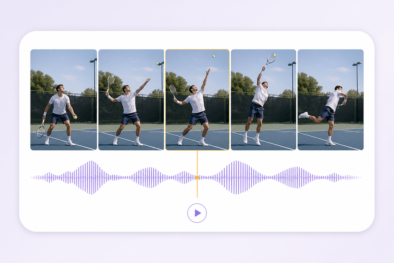 Smooth video playback and audio synchronization A tennis serve shown as a smooth sequence of five synchronized frames and an audio waveform