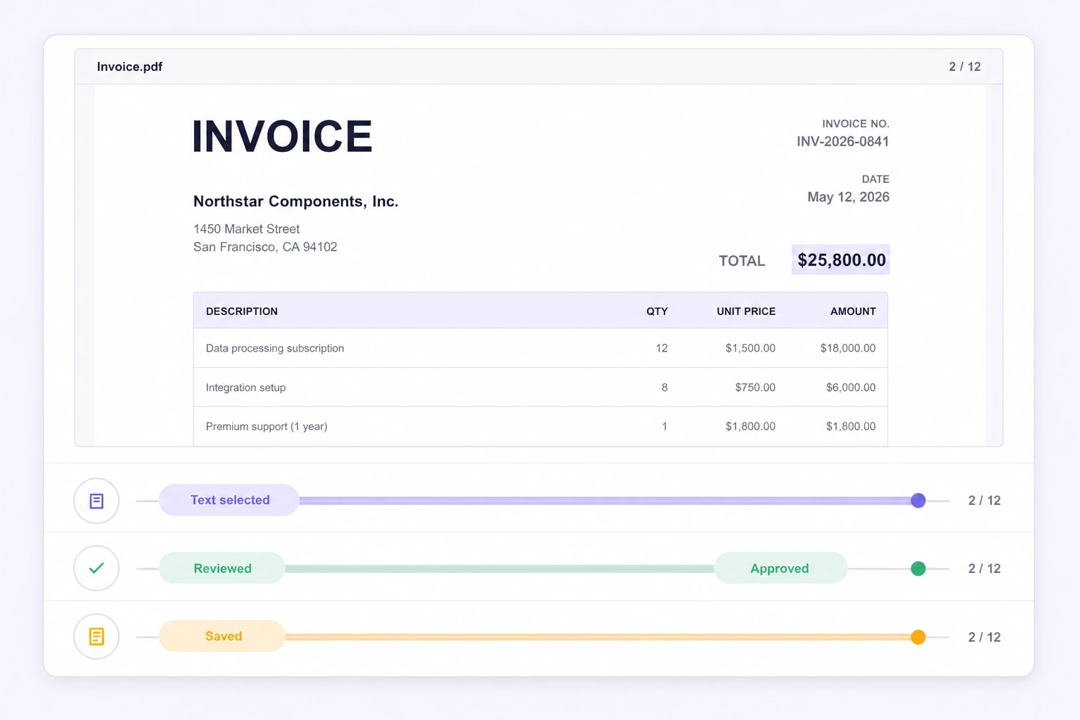 Page-aware document annotation history and review Page 2 of an invoice with clear page-aware text selection, review, approval, and save history lanes.