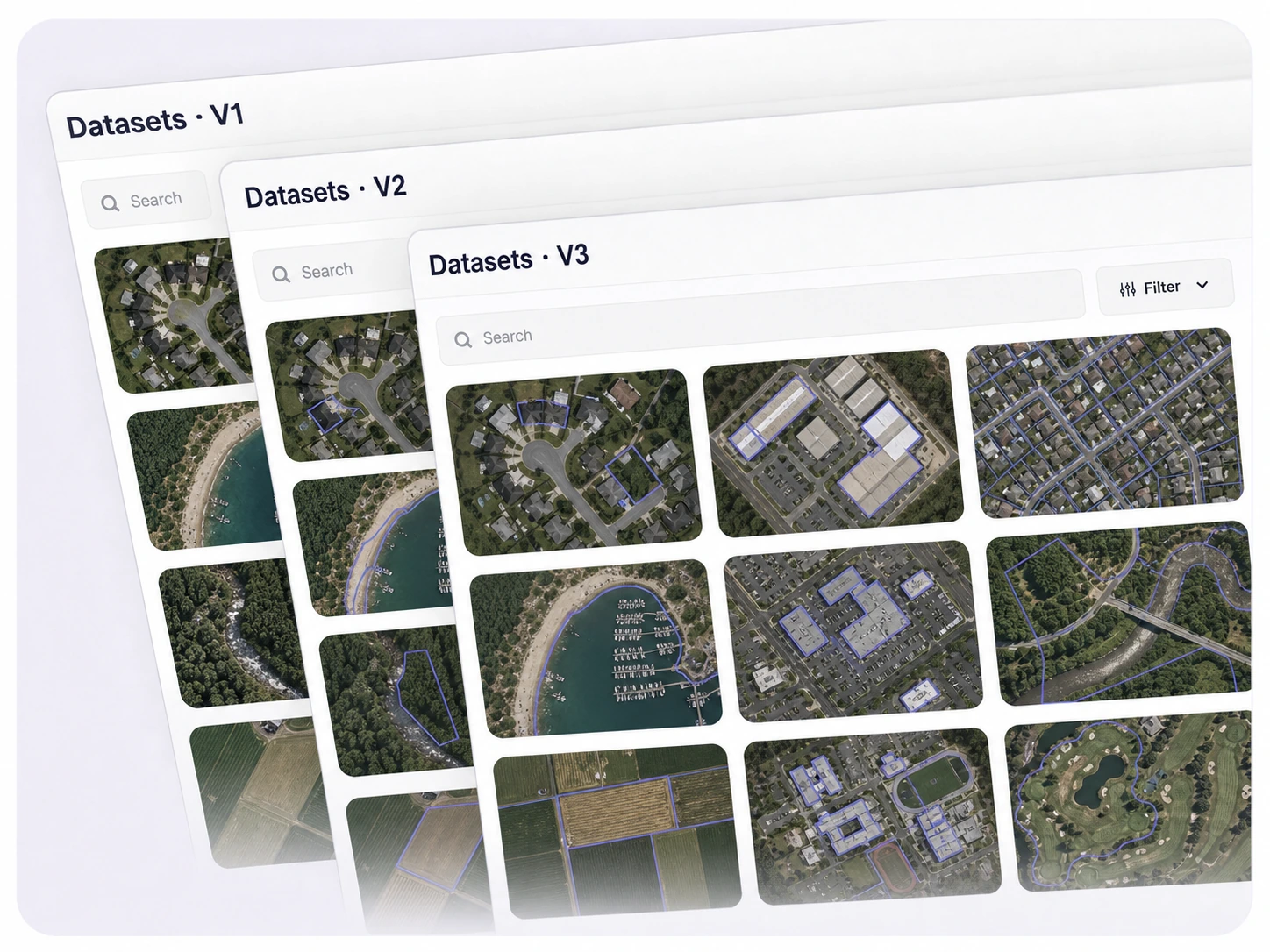 Unitlab dataset versions UI showing the same aerial image collection progressing from raw imagery to reviewed labels. Unitlab dataset versions UI showing the same aerial image collection progressing from raw imagery to reviewed labels.