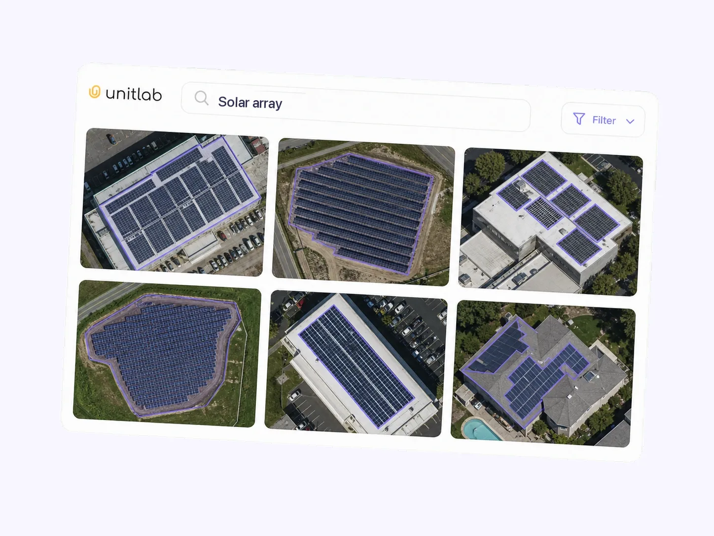 Unitlab semantic search UI for solar arrays with six matching aerial imagery results. Unitlab Semantic Search interface with a crisp Solar array query and six matching aerial imagery results.