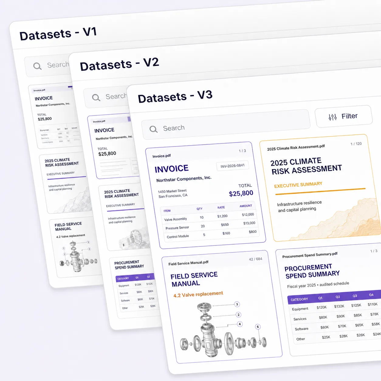 Document dataset versions Three successive Unitlab dataset versions containing invoice, climate report, field manual, and procurement PDF pages.