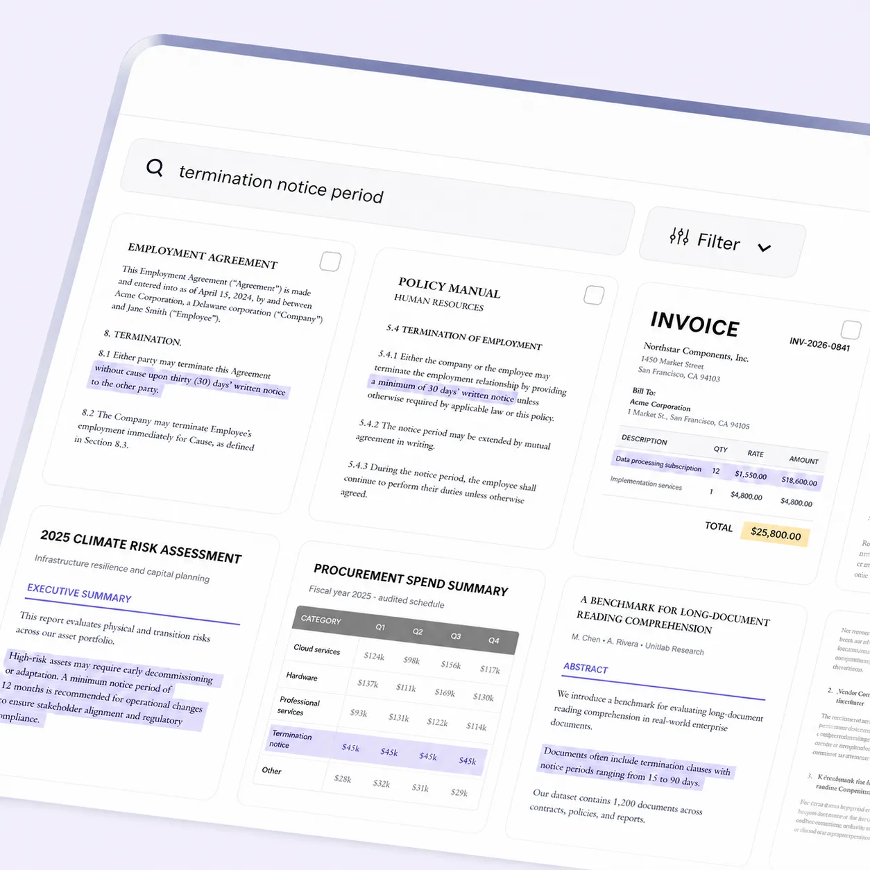 Semantic search across document datasets Unitlab semantic search for termination notice periods across six varied PDF document results.