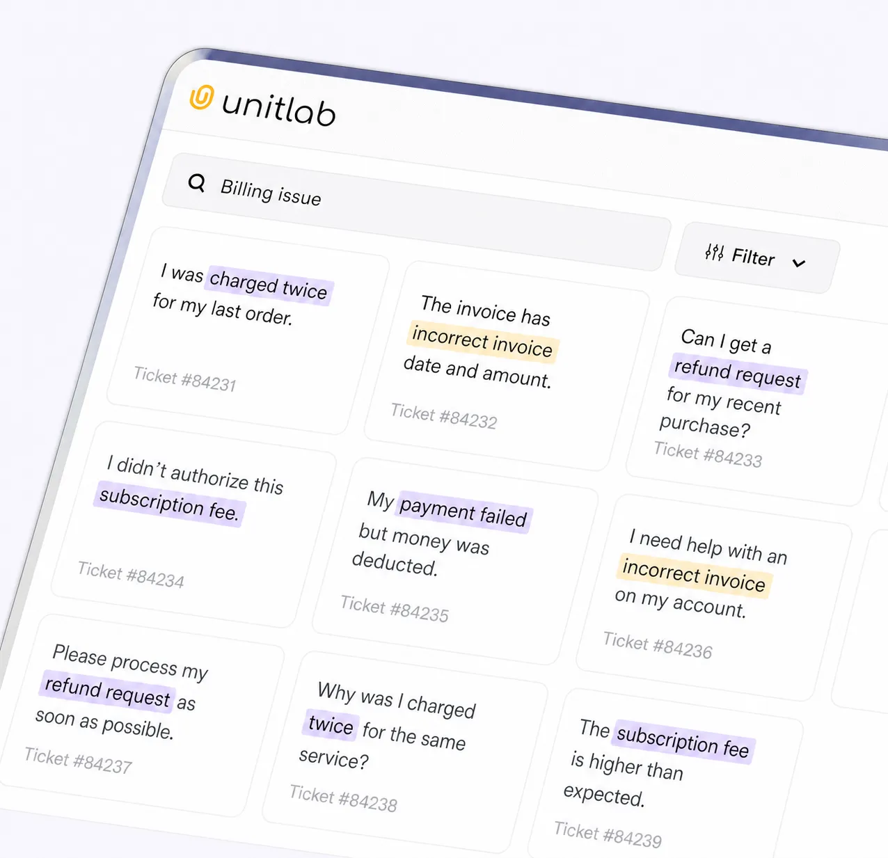 Semantic search across text datasets Semantic search results for text documents matching refund requests