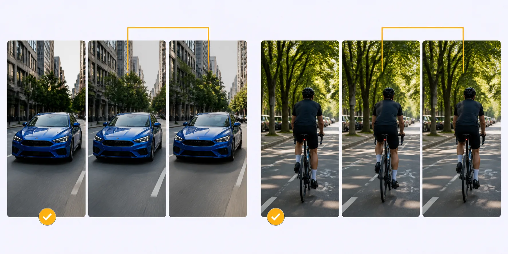 Large repeated car and cyclist frame groups with one retained representative in each group