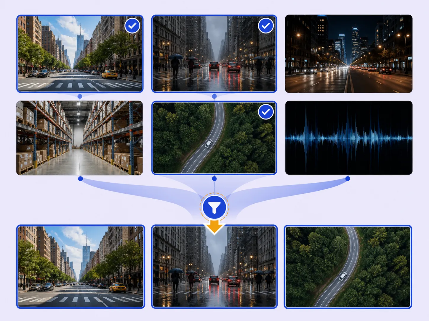 Six large media samples filtered into a focused three-item saved view