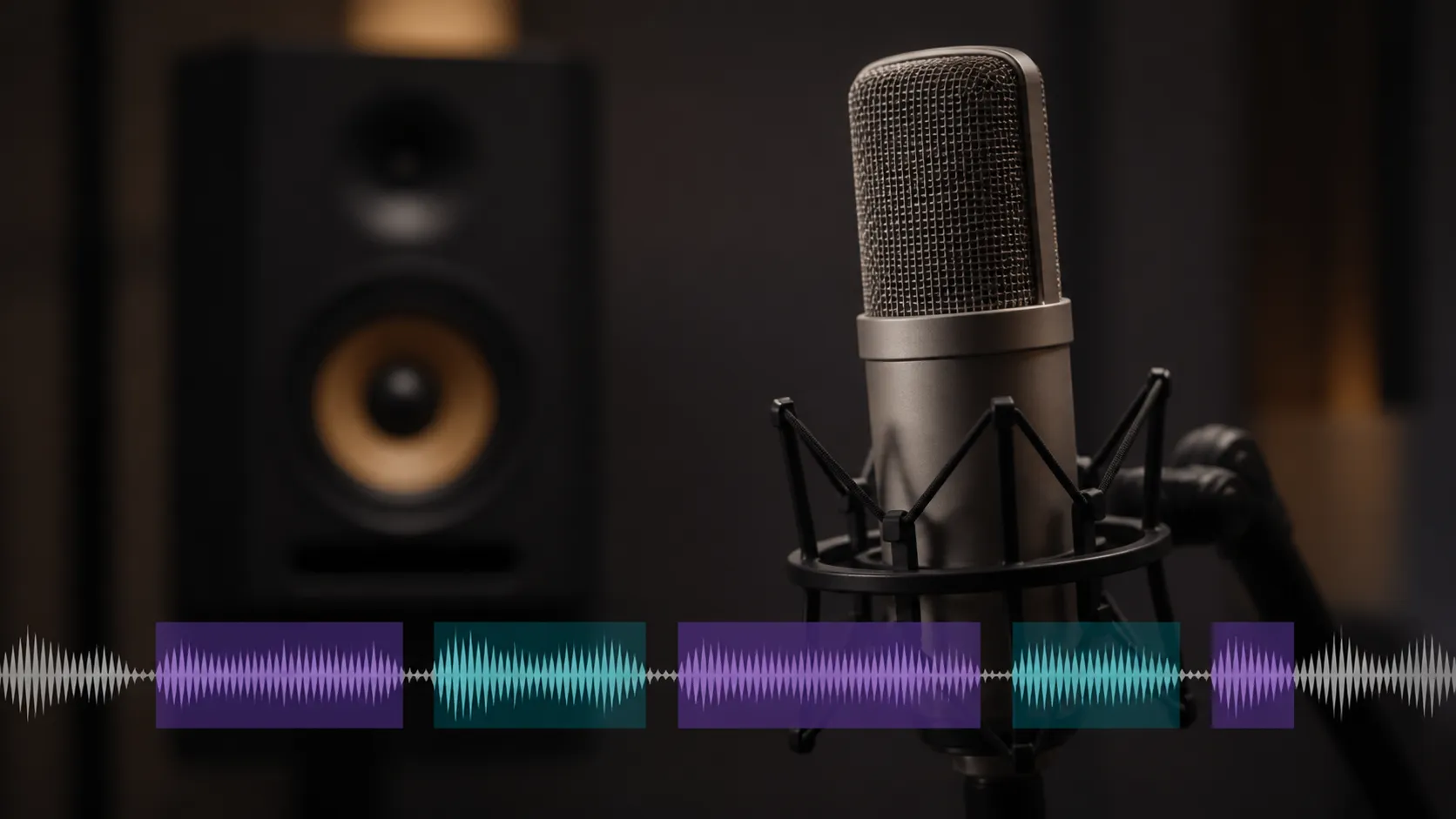 Speaker transcript spans aligned to a waveform and exact audio playhead.
