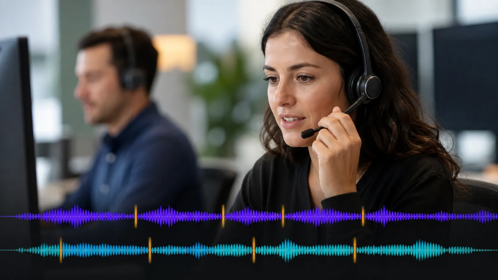 Customer-call audio waveforms organized by intent and review status.