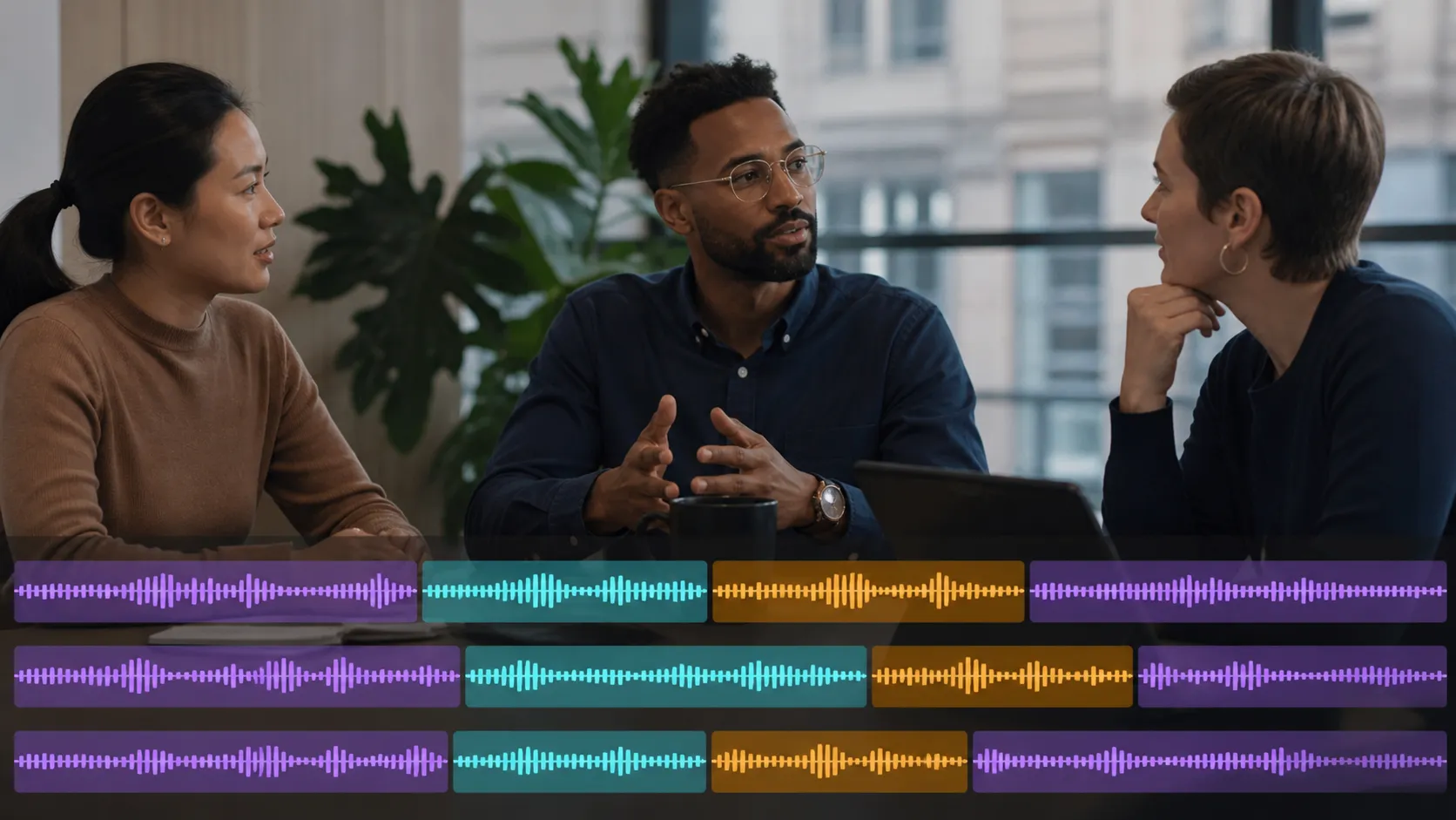 Speaker, event, transcript, and quality ranges aligned across an audio timeline.