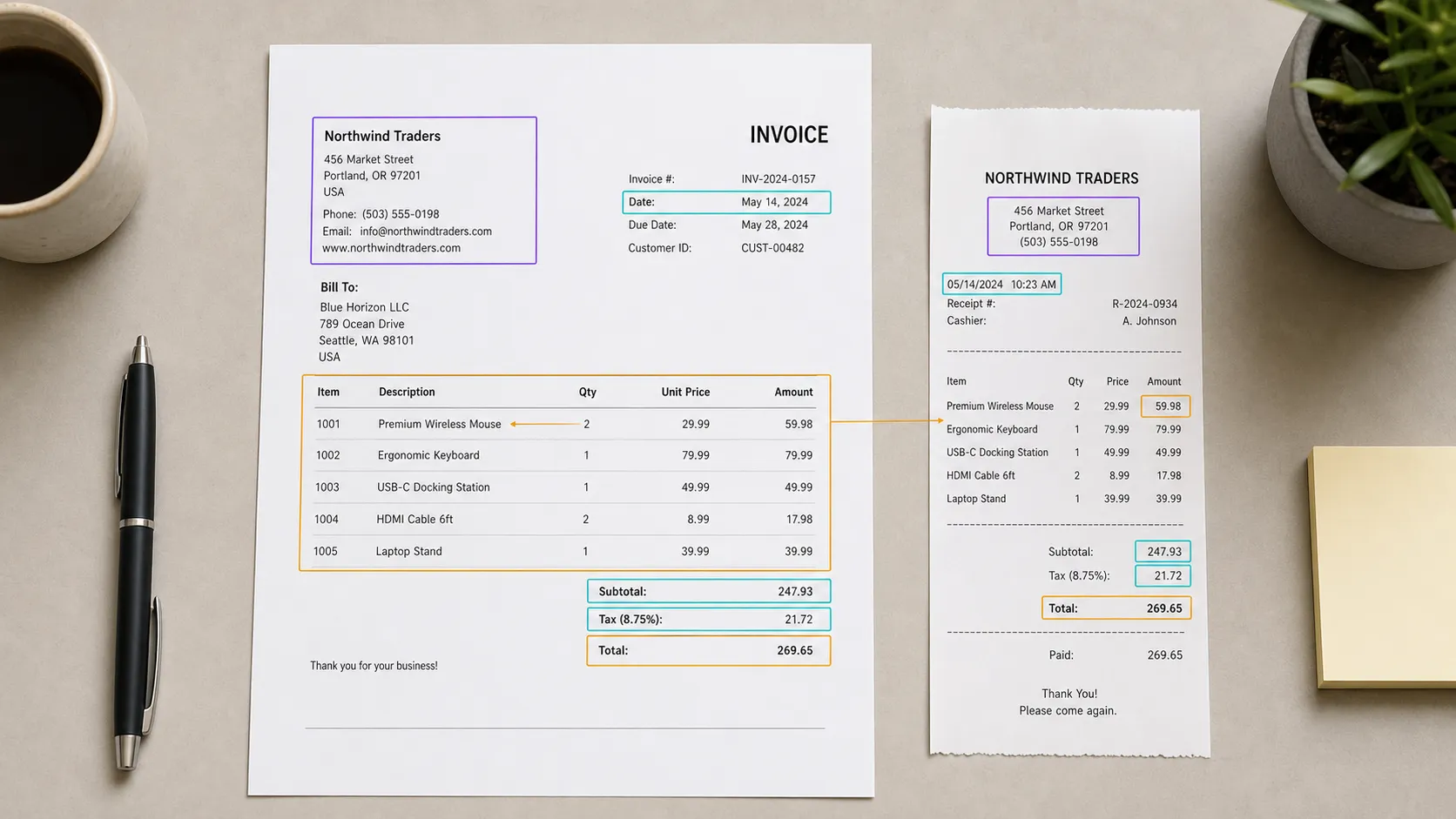 Invoice fields, line items, totals, and table columns prepared for document annotation.