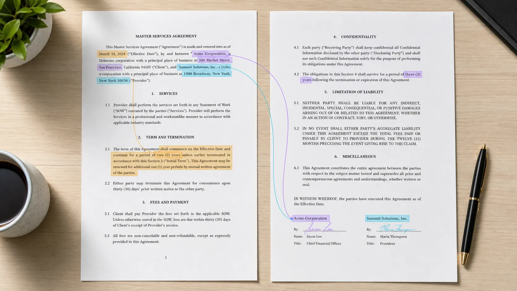 Contract documents and termination clauses organized for legal document AI.