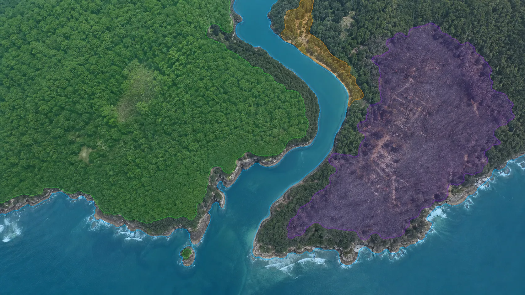 Aerial land parcel outlined for large-scale environmental monitoring.