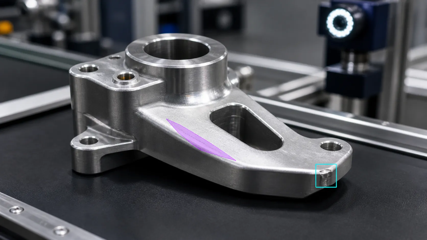 Products on a conveyor highlighted for automated manufacturing quality inspection.