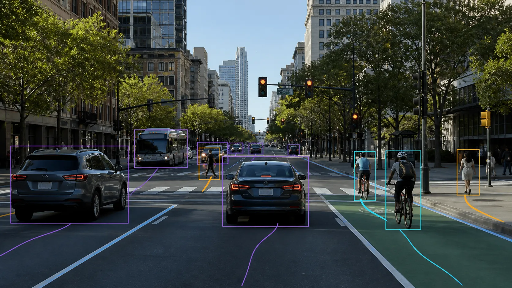 Traffic footage with vehicles and road users labeled for continuous video analysis.