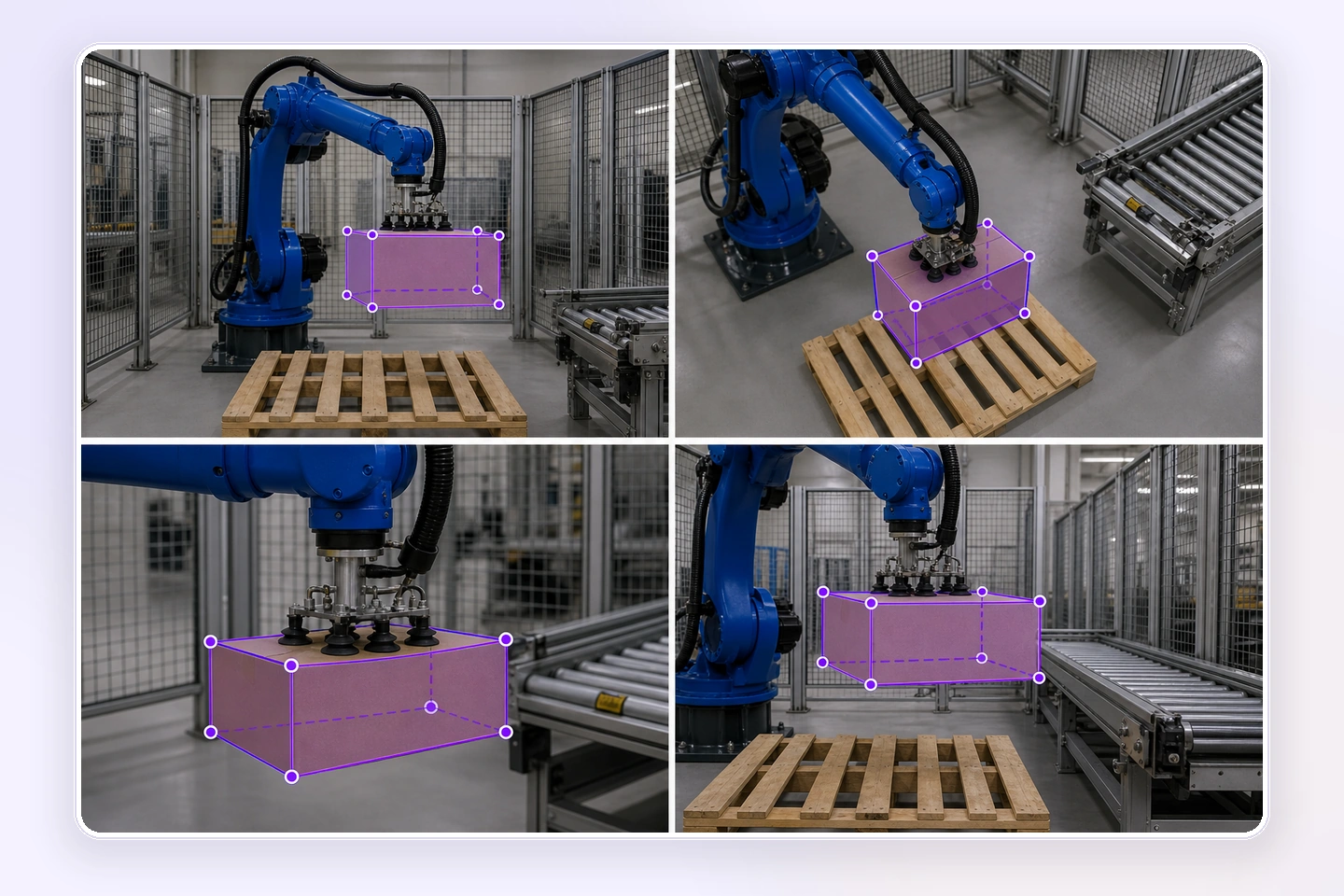 Multi-Camera Annotation Four camera views of one industrial robot holding a carton, each with a perspective-aligned 3D cuboid and eight visible corner points