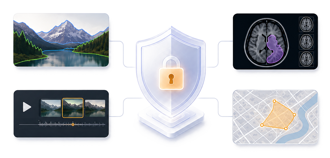 Protected multimodal annotation workflows for image, video, medical, and geospatial data.