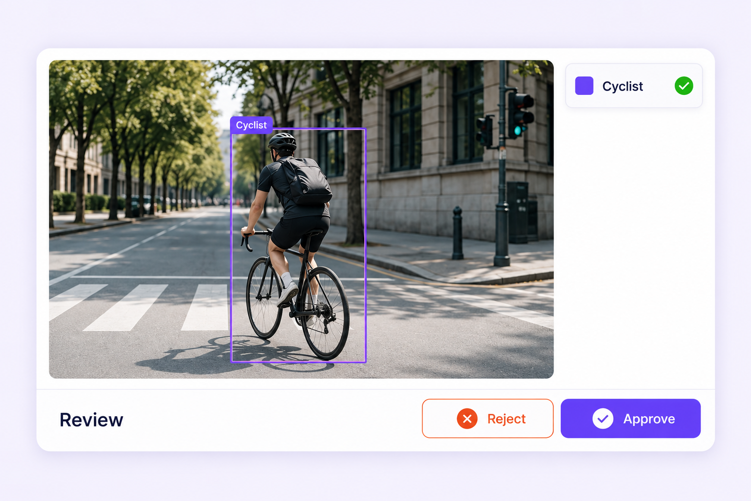 Cyclist annotation in a review card with explicit Reject and Approve controls.