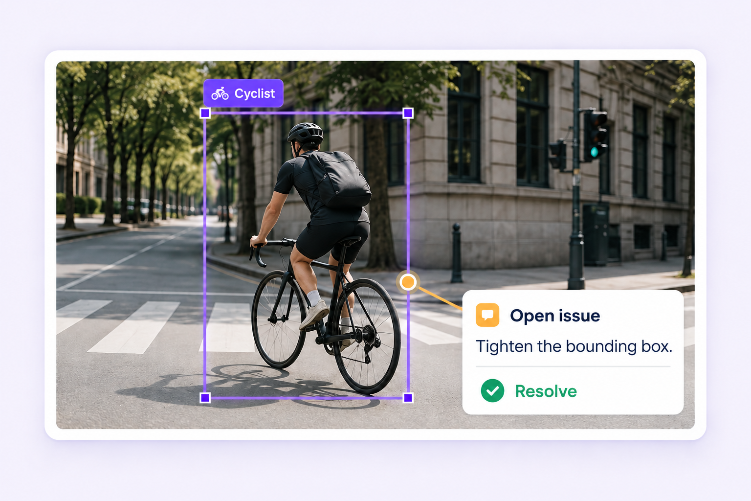 An open issue anchored to a cyclist bounding box with a request to tighten the annotation and a Resolve action.