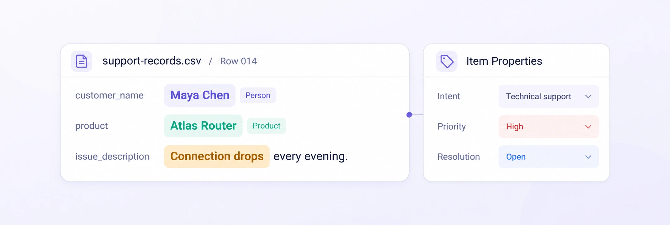 Record-Level Annotation CSV support record with customer, product, and issue fields beside a shared record-properties inspector.