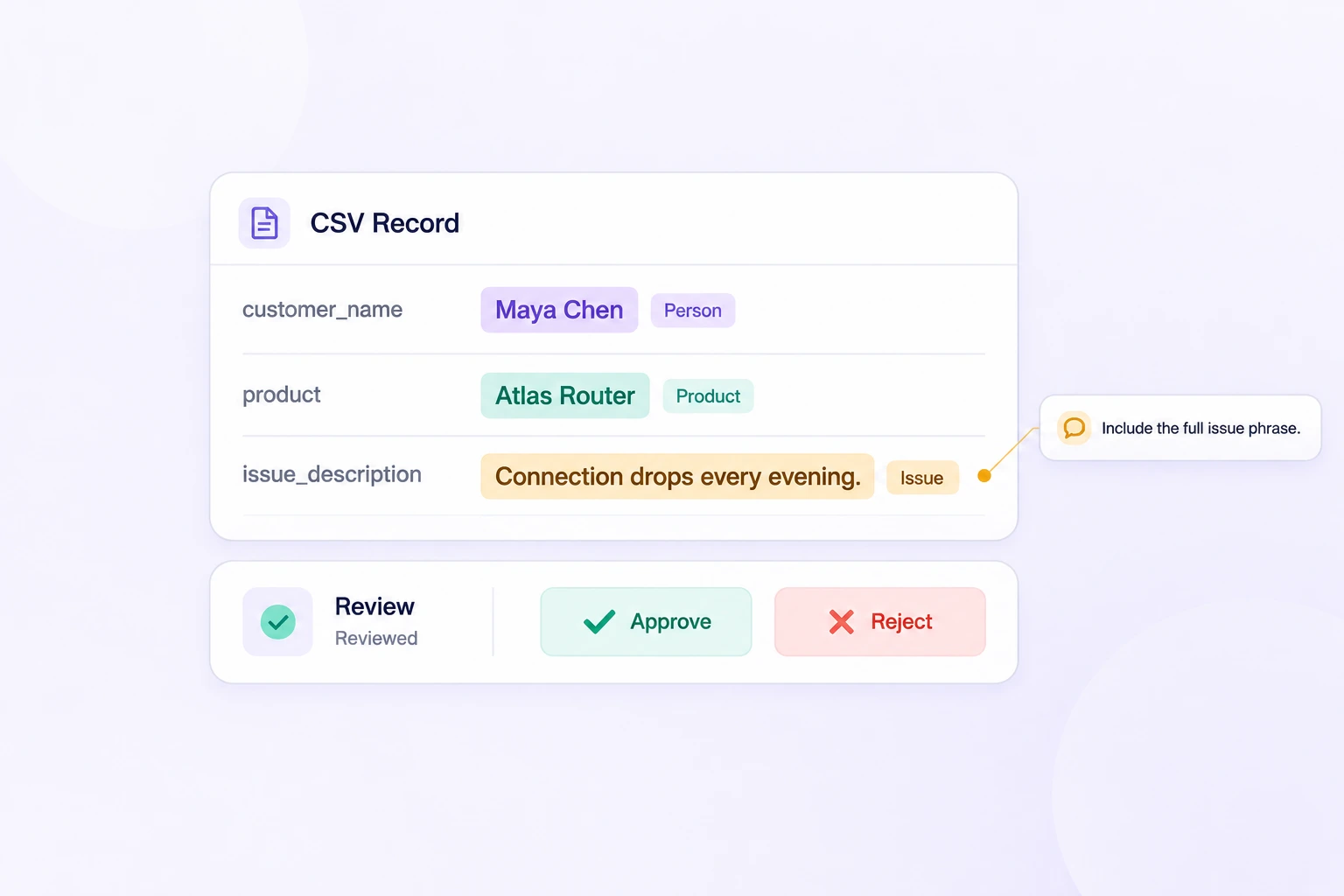 Review and Quality Control Tabular annotation review with record labels, comments, and quality decisions.