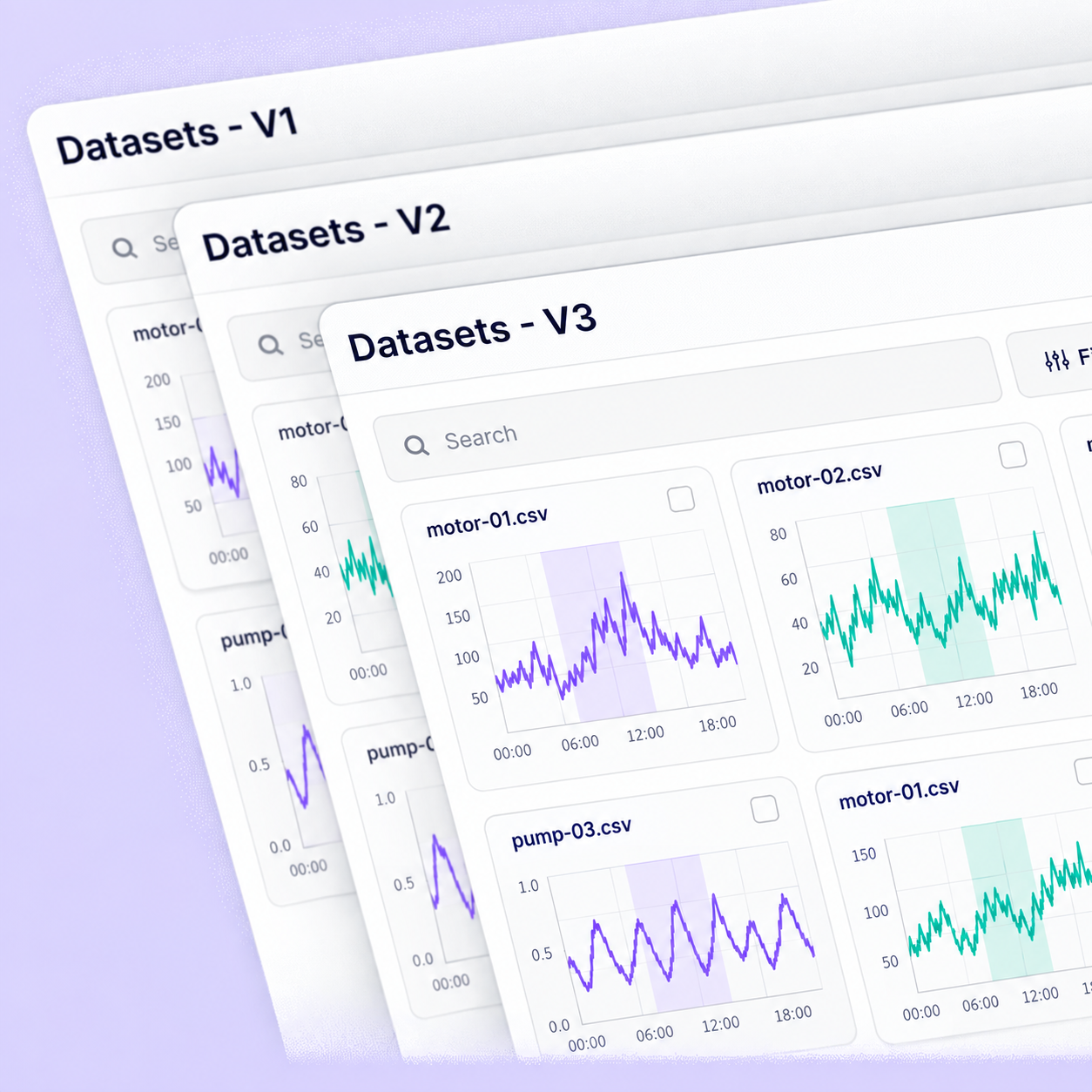Three versioned Unitlab sensor datasets with CSV chart preview cards. Three versioned Unitlab sensor datasets with CSV chart preview cards.