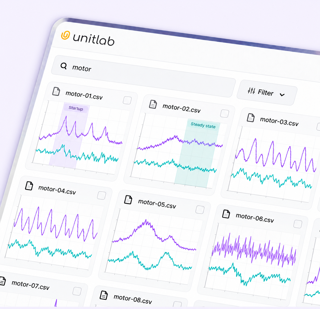 Unitlab search and filtering interface showing matching motor CSV sensor files. Unitlab search and filtering interface showing matching motor CSV sensor files.