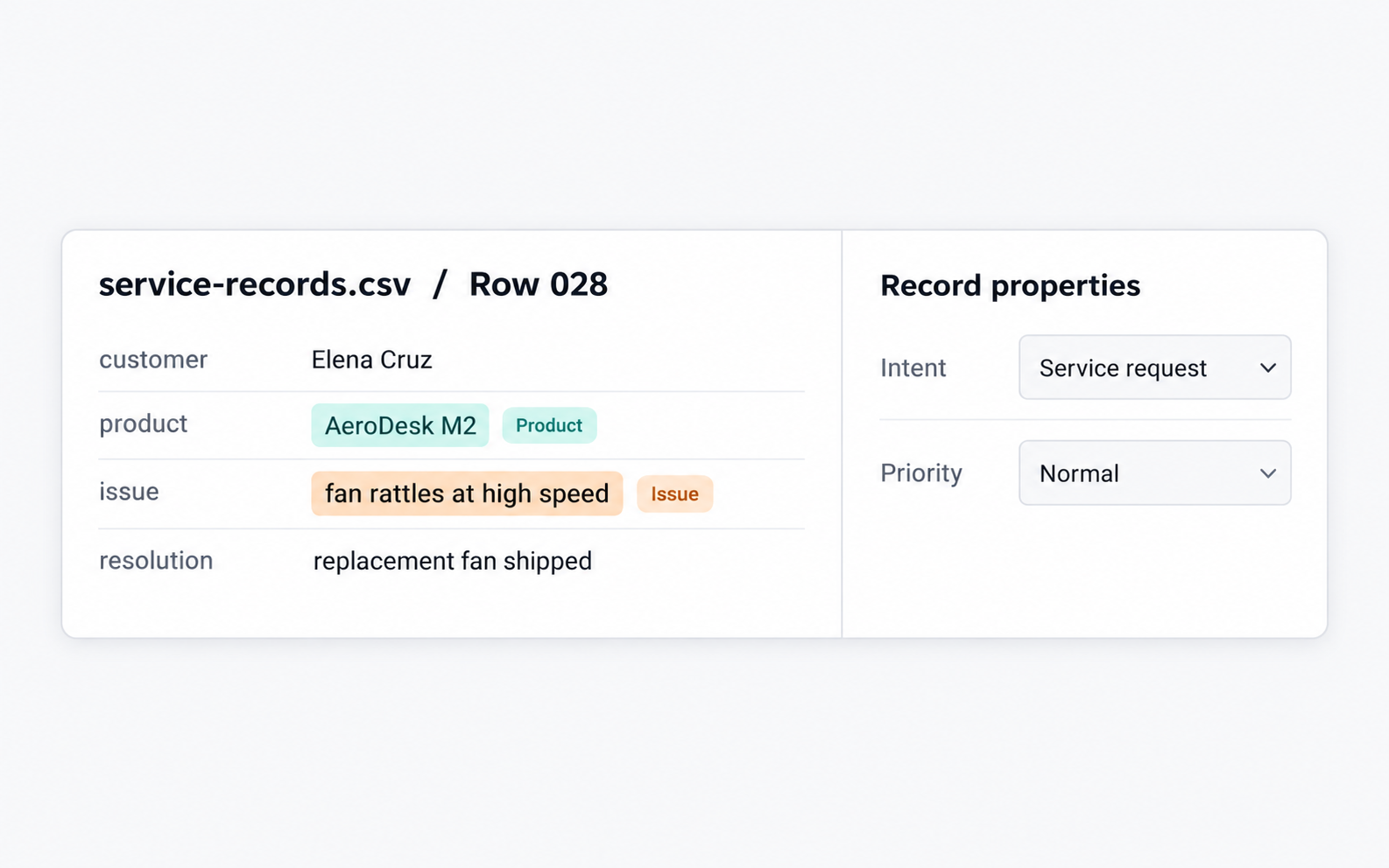 Service record with Product and Issue entity labels and record-level intent and priority properties. Service record with Product and Issue entity labels and record-level intent and priority properties.