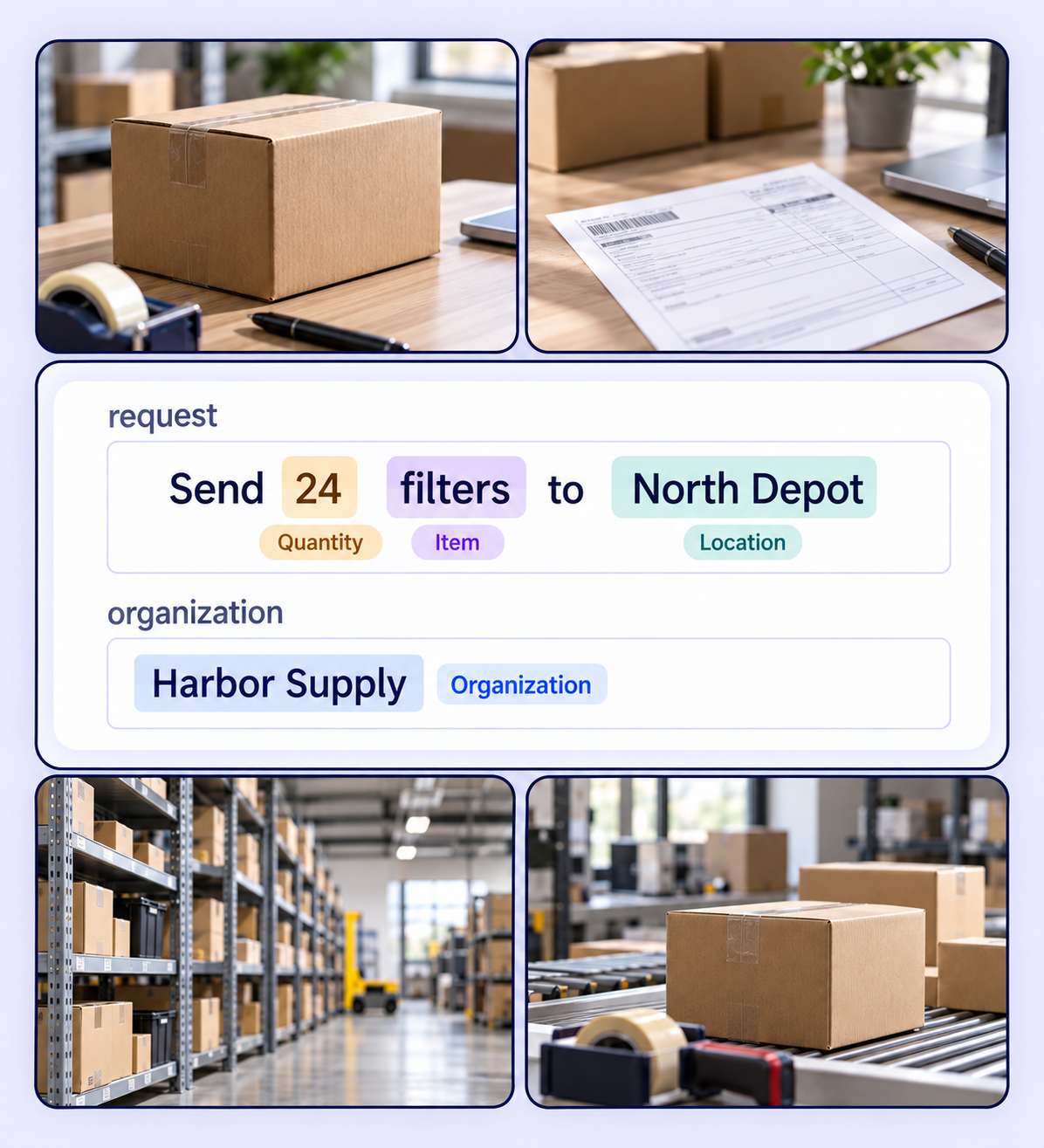 Operational records collage with labeled quantity, item, location and organization spans. Operational records collage with labeled quantity, item, location and organization spans.
