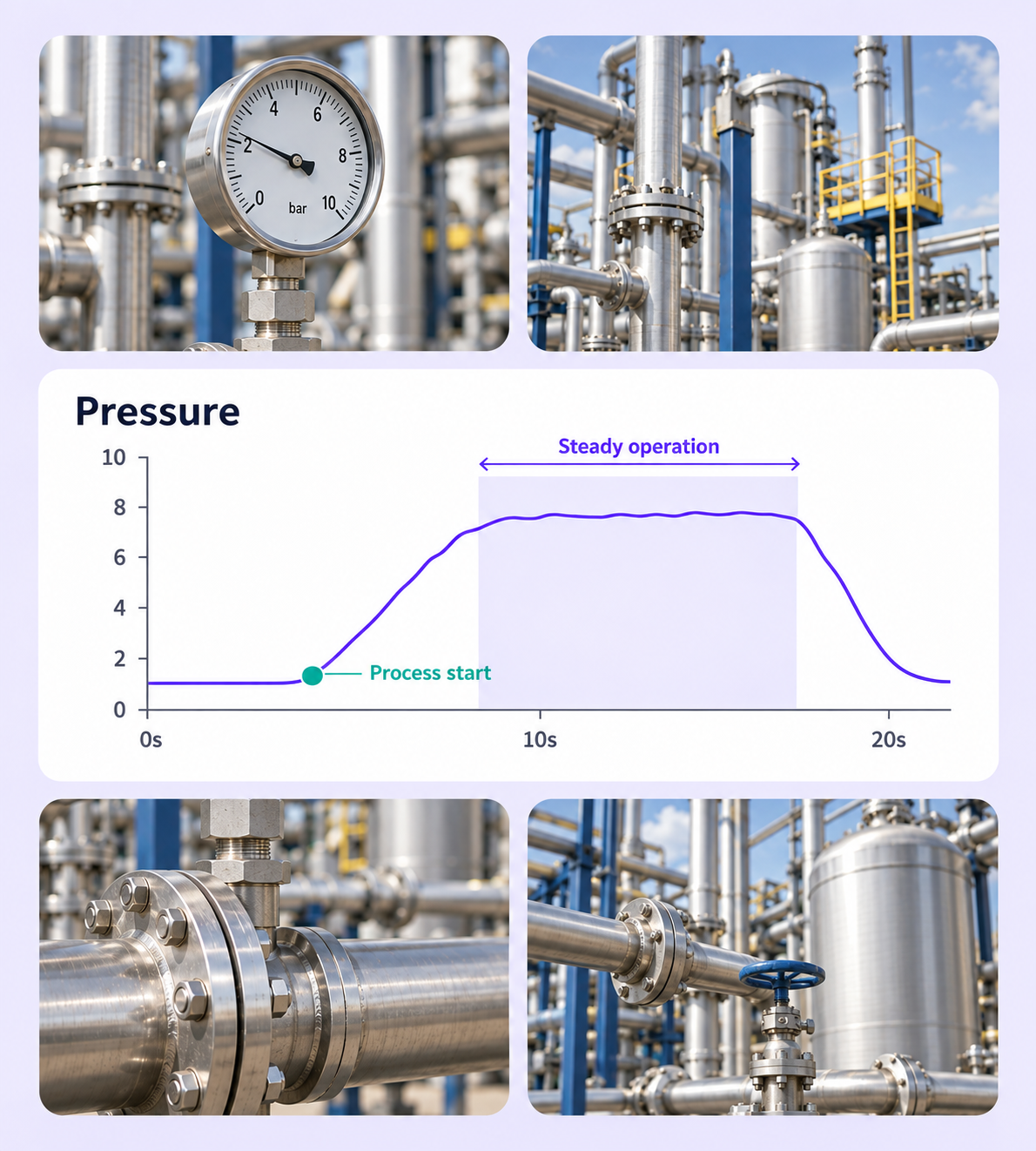 Industrial pressure instruments and pipework surrounding a chart with a steady-operation range and process-start event.