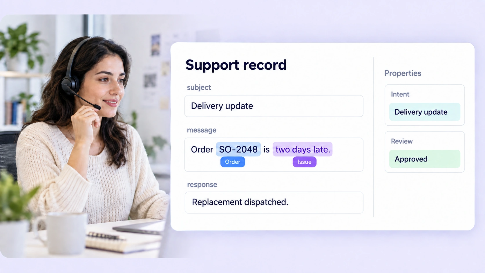 Customer Support Intelligence Customer Support Intelligence with annotated CSV record and entity labels