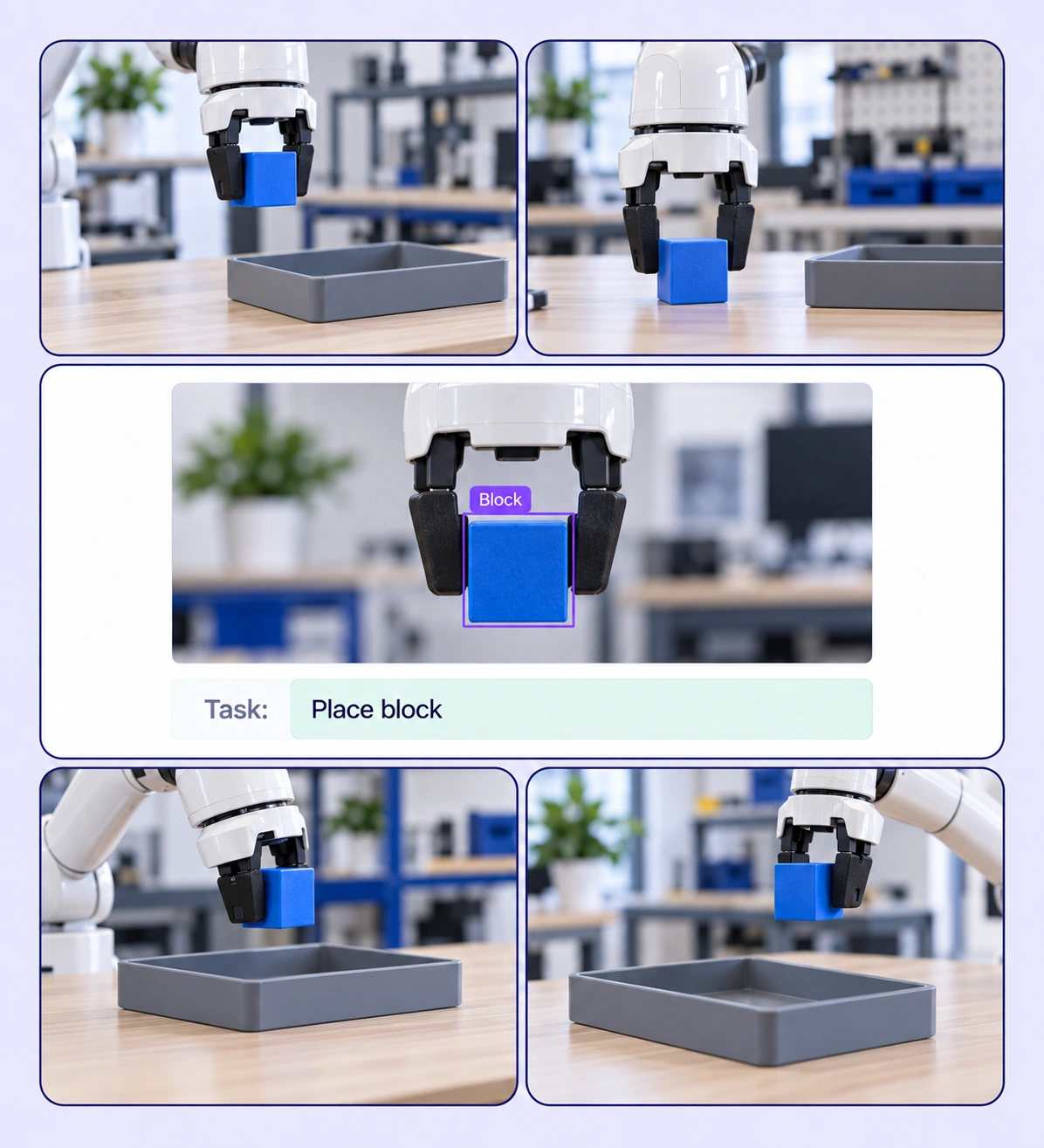 Robot demonstration collage with a labeled blue block and recorded views of a gripper and tray.