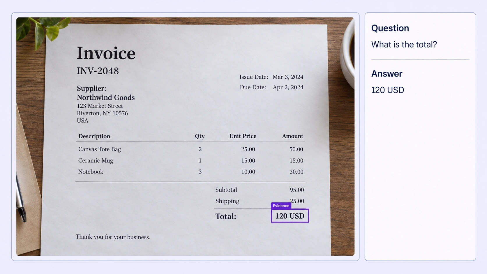 Invoice total evidence beside matching Question and Answer properties.