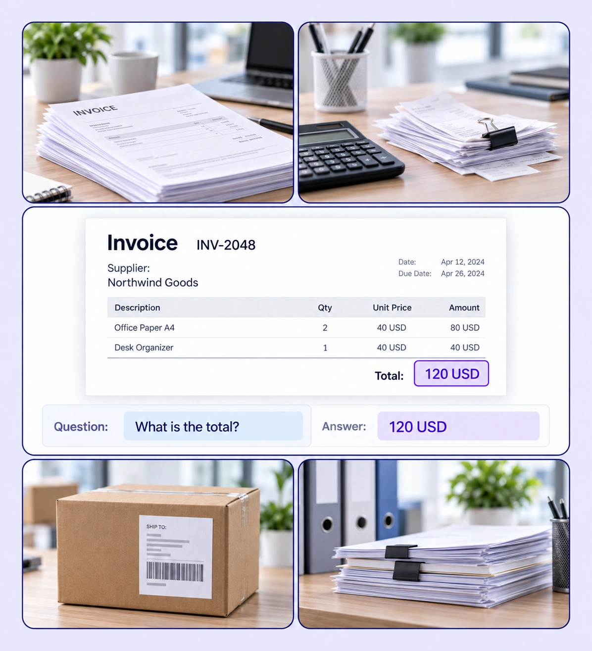Document question-answering collage with a highlighted invoice total and matching Question and Answer properties.