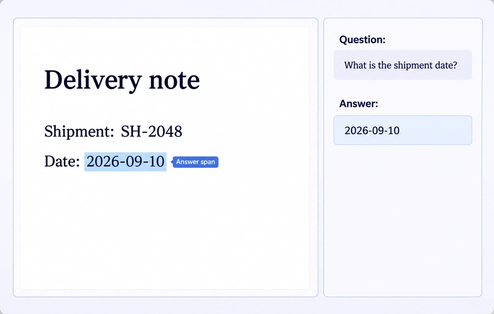 A selectable PDF date span provides the answer to a shipment-date question. A selectable PDF date span provides the answer to a shipment-date question.