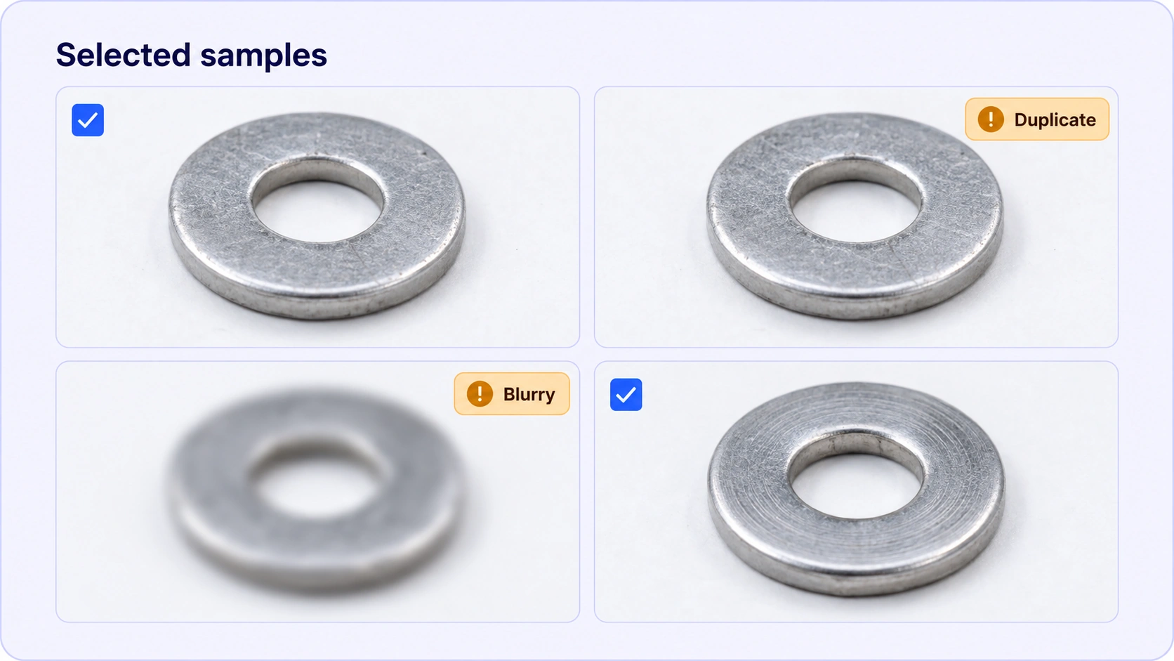 Washer samples reviewed for duplicates and blur, with two sharp samples selected.