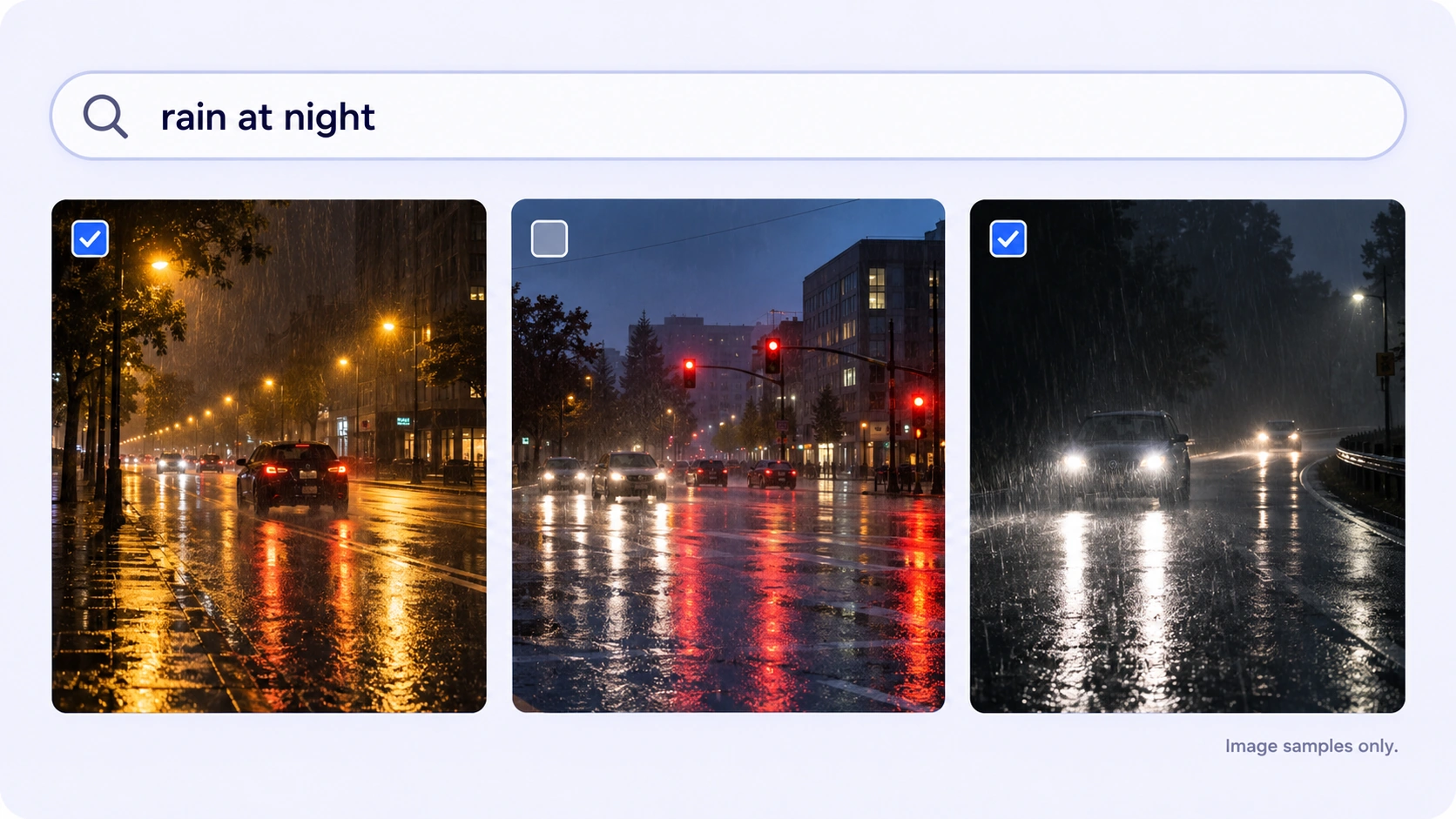 Rain-at-night image search results with selected road scenes.