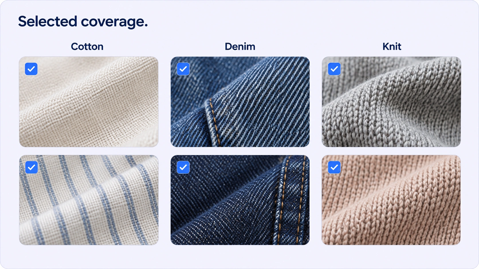 Selected cotton, denim and knit image samples organized by material.