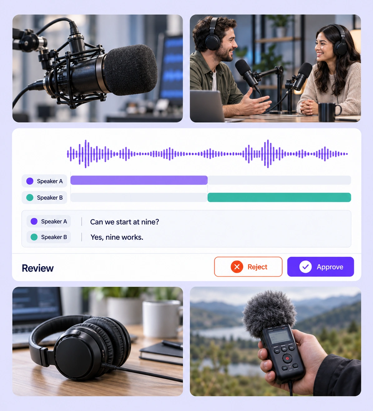 Waveform, speaker, and transcript review surrounded by audio-recording context. Waveform, speaker, and transcript review surrounded by audio-recording context.