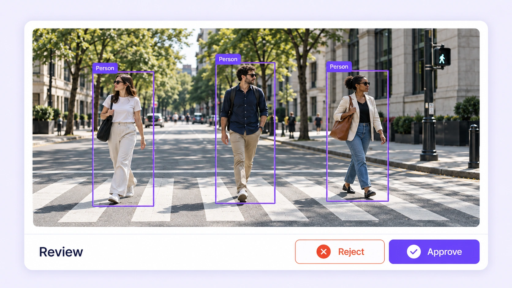 A reviewer checks purple object boxes around pedestrians in an urban image.
