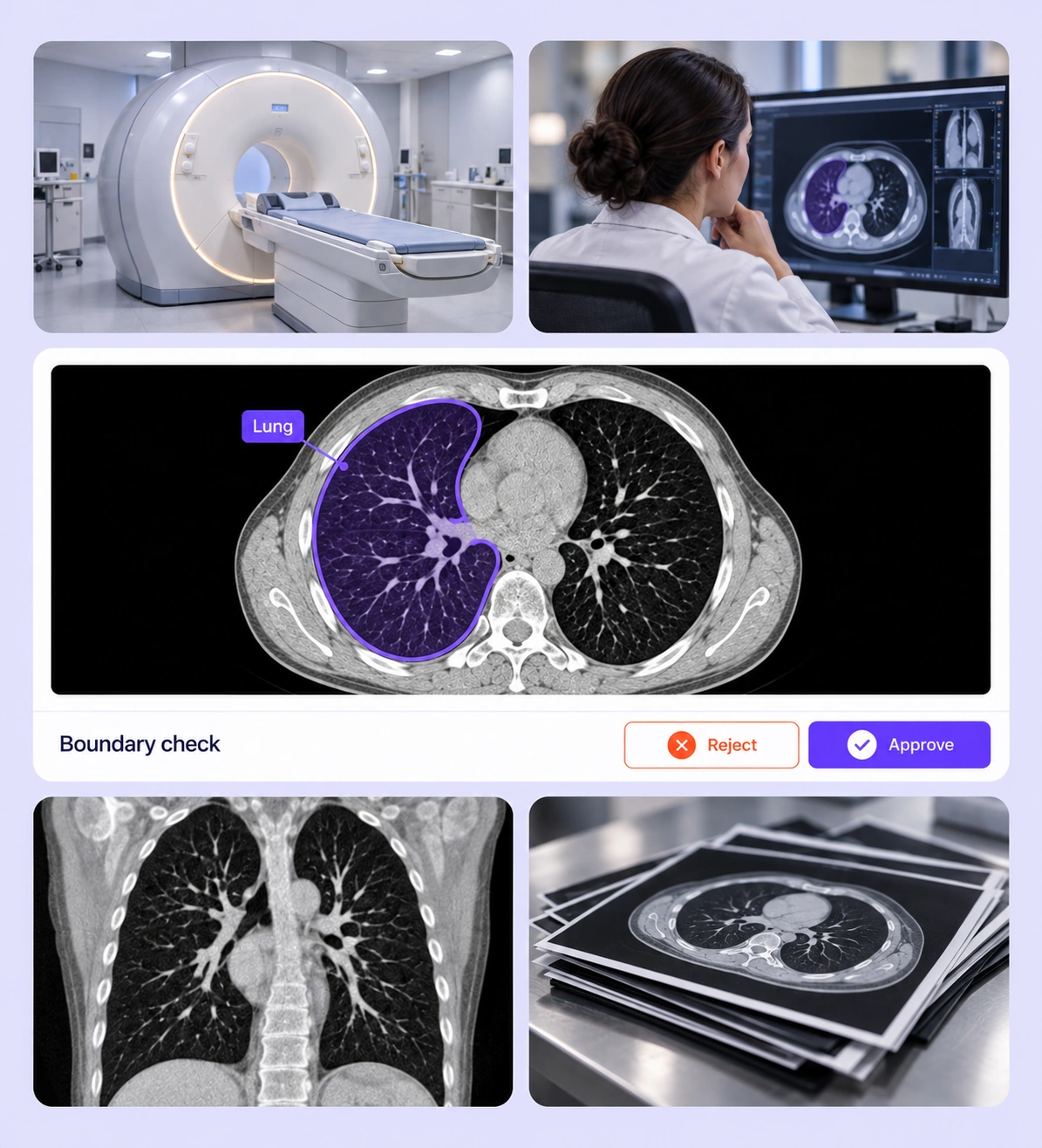 Lung contour review surrounded by medical imaging and scan-review context. Lung contour review surrounded by medical imaging and scan-review context.