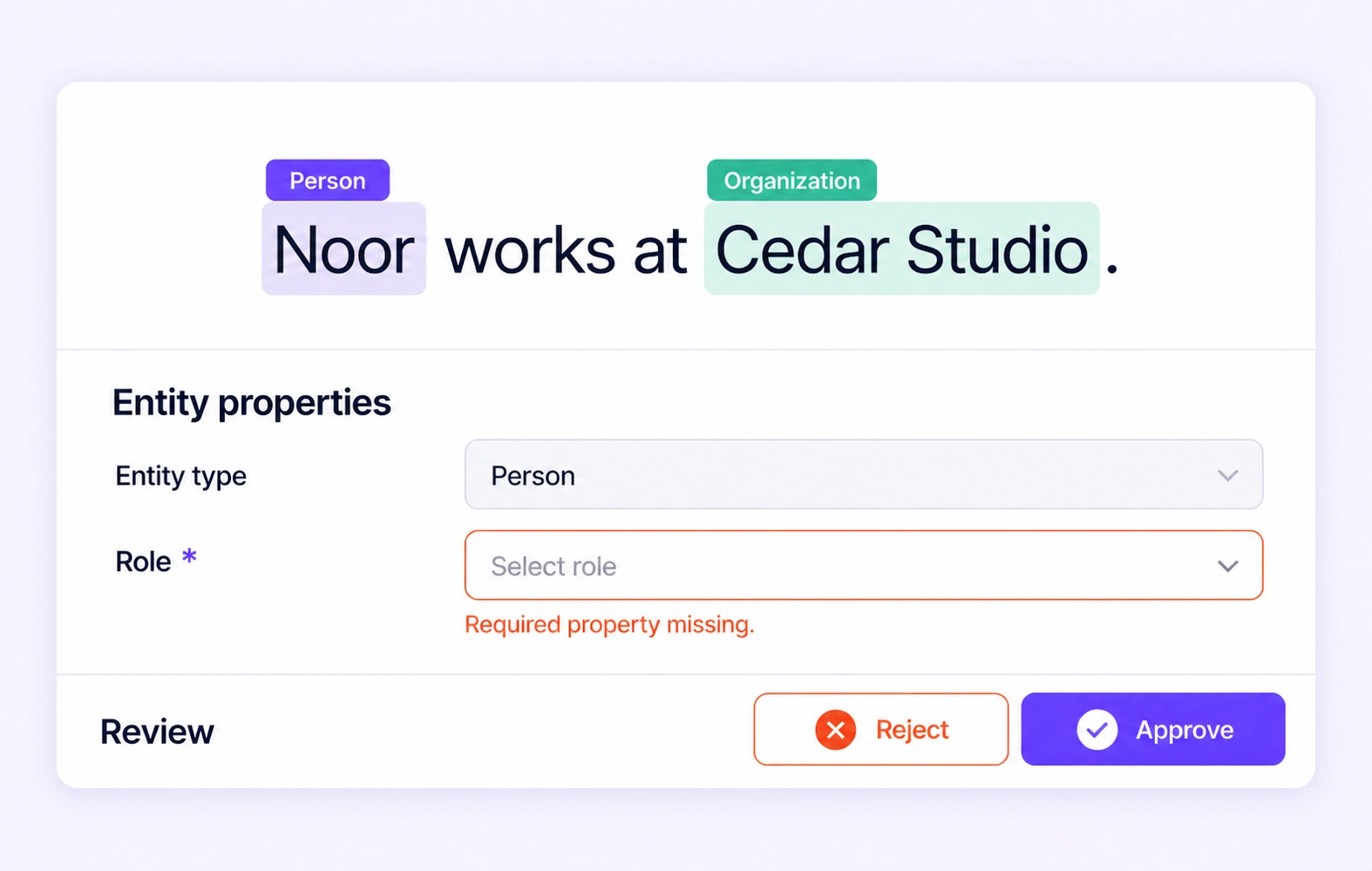 An entity annotation has an empty required Role property highlighted for review. An entity annotation has an empty required Role property highlighted for review.